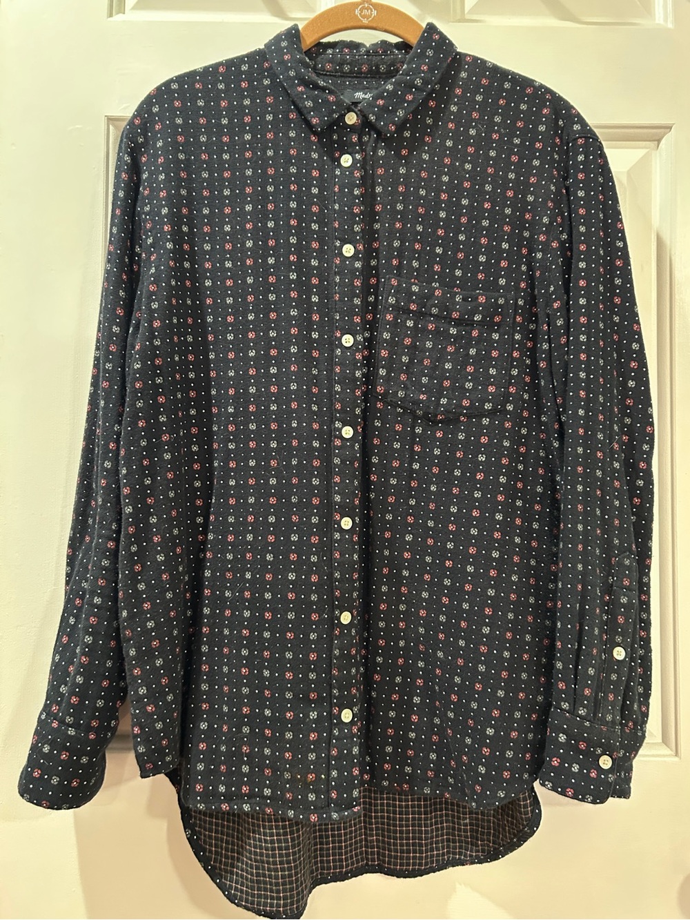 Madewell Soft Black Button-Down Cotton Shirt with Red Floral Micro-Print